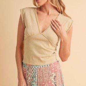 V-Neck Cap Sleeve Cropped Top - Hay