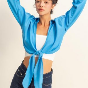 Washed Tie Front Crop Top - Blue