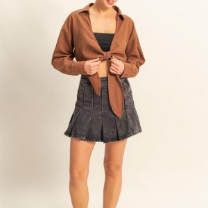 Washed Tie Front Crop Top - Chestnut