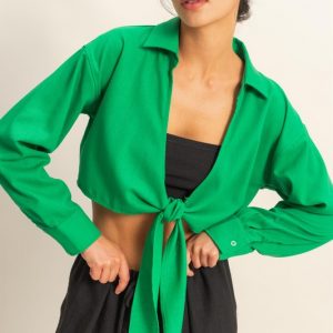 Washed Tie Front Crop Top - Green