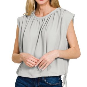 Woven Drawstring Tie Side Sleeveless Top - Lt Grey