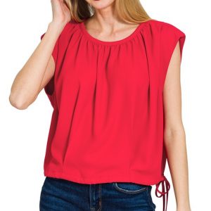 Woven Drawstring Tie Side Sleeveless Top - Ruby