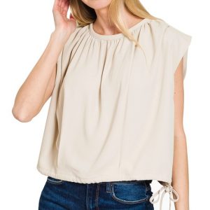 Woven Drawstring Tie Side Sleeveless Top - Sand Beige