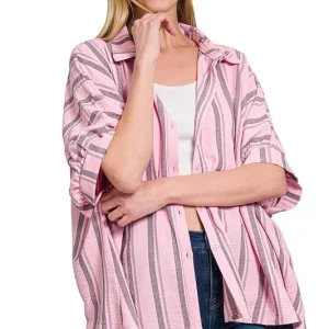 Woven Yarn-Dye Stripe Oversized Button Down Shirt - Pink