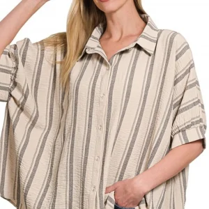 Woven Yarn-Dye Stripe Oversized Button Down Shirt - Taupe