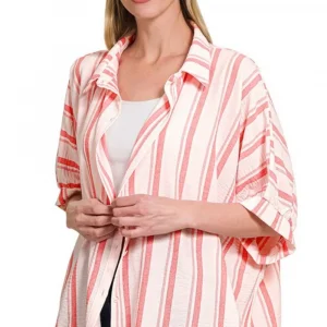 Woven Yarn-Dye Stripe Oversized Button Down Shirt - White/Coral